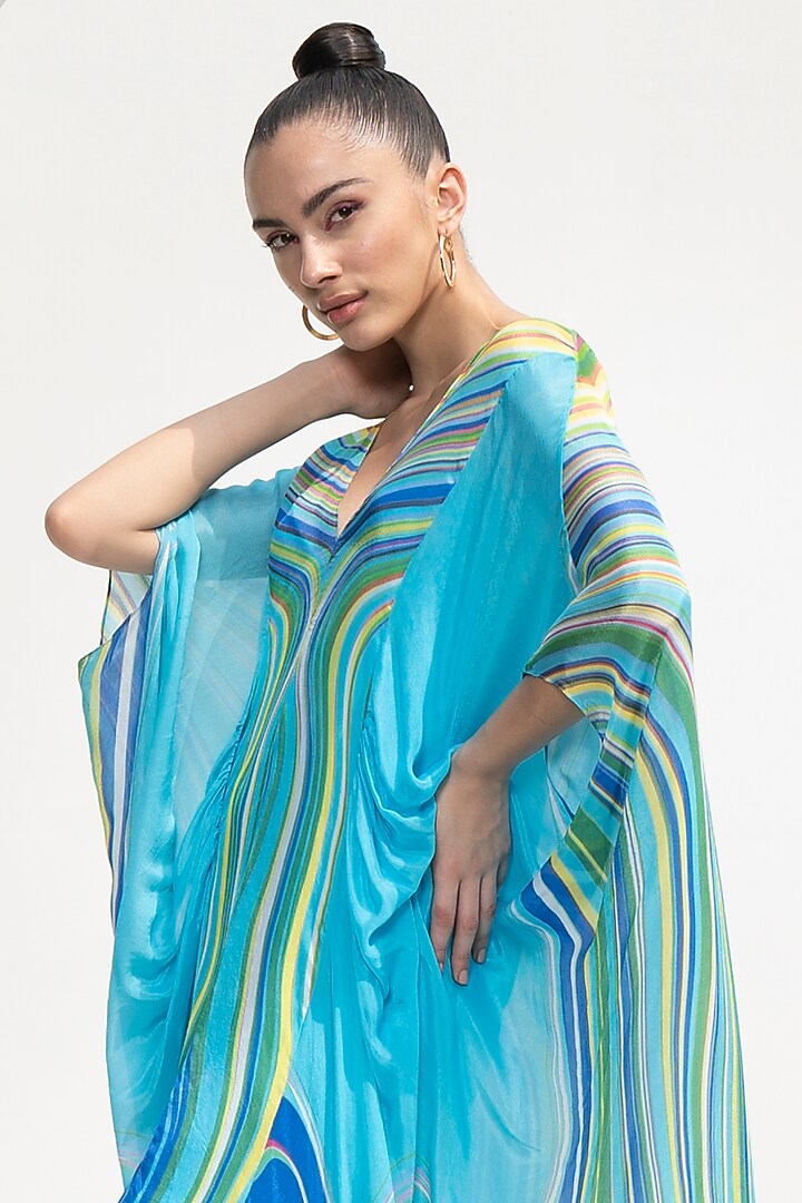 Blue Chiffon Printed Kaftan by Mandira Wirk - Resort at Pernia's Pop Up Shop