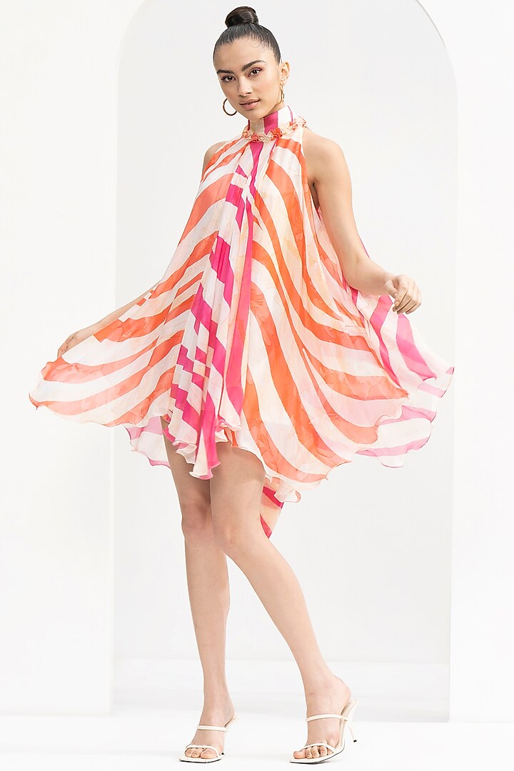 Fuchsia Pink Chiffon Printed Asymmetric Dress by Mandira Wirk