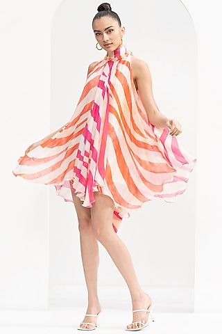 Fuchsia Pink Chiffon Printed Asymmetric Dress by Mandira Wirk - Resort