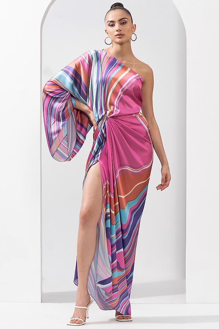 Multi-Colored Satin Printed One-Shoulder Dress by Mandira Wirk