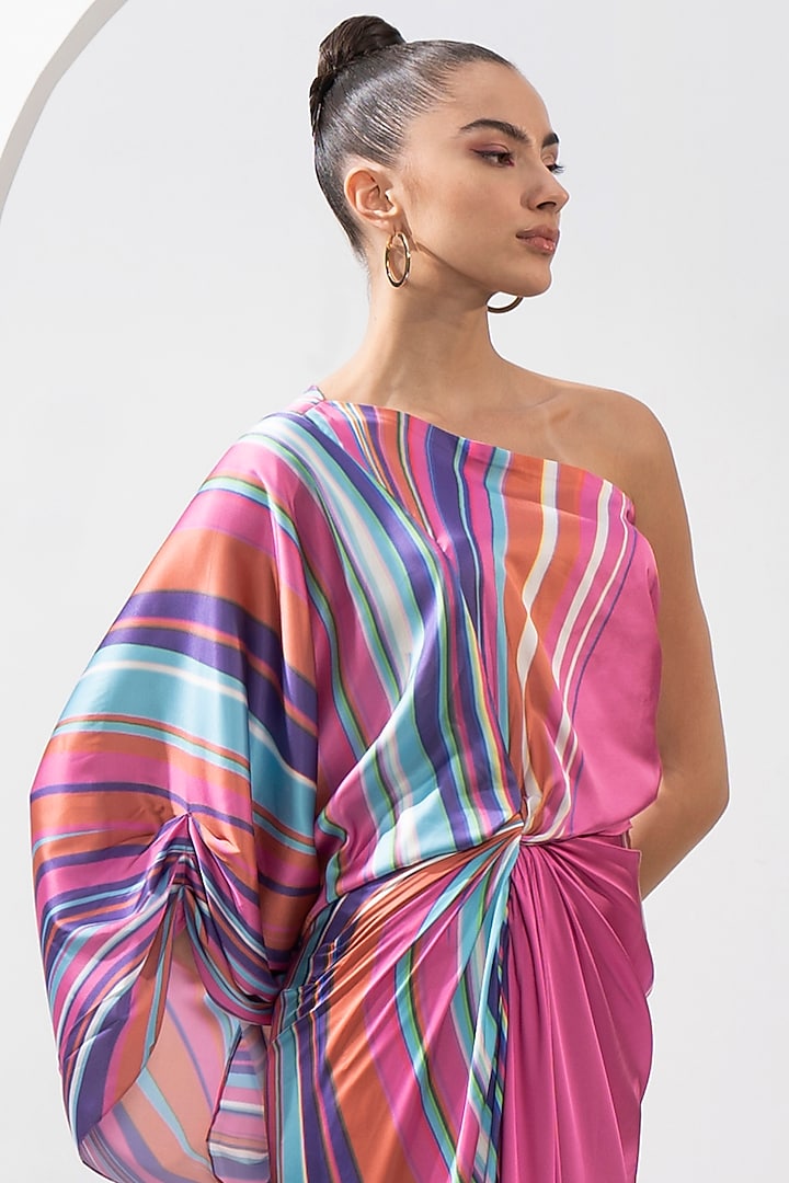 Multi-Colored Satin Printed One-Shoulder Vacation Dress by Mandira Wirk - Resort at Pernia's Pop Up Shop
