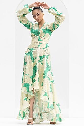 Green Chantilly Printed Dress by Mandira Wirk - Resort