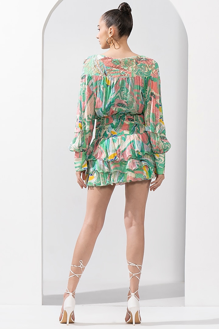 Mint & Pink Chiffon Printed Skirt Set by Mandira Wirk - Resort at Pernia's Pop Up Shop