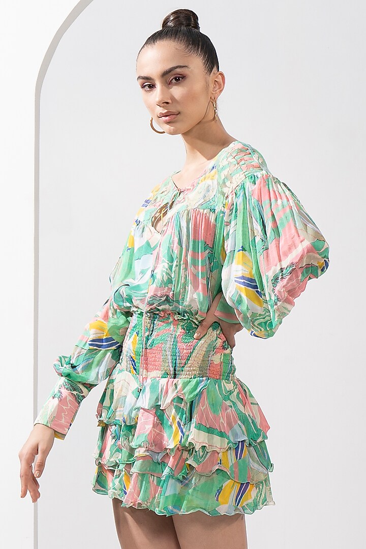 Mint & Pink Chiffon Printed Skirt Set by Mandira Wirk - Resort at Pernia's Pop Up Shop