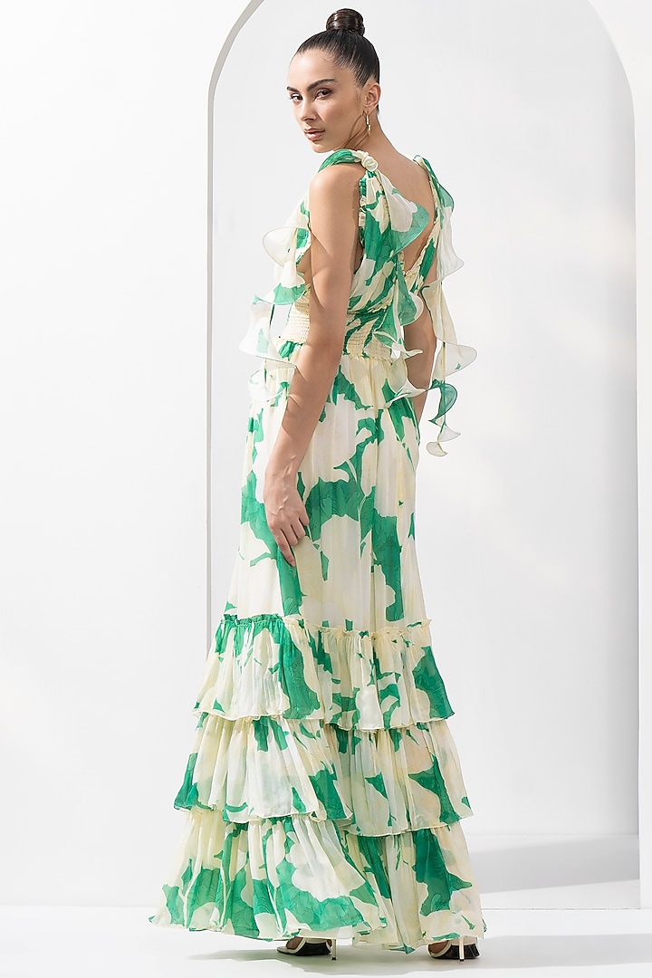 Green Chiffon Printed Tiered Cocktail Dress by Mandira Wirk - Resort at Pernia's Pop Up Shop