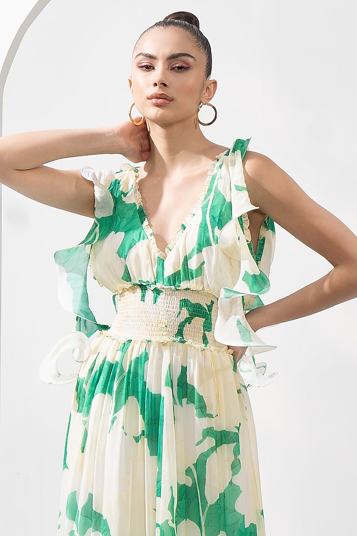 Green Chiffon Printed Tiered Cocktail Dress by Mandira Wirk - Resort at Pernia's Pop Up Shop