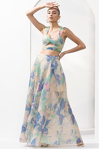 Mystic Green Mesh Lurex Printed Skirt Set by Mandira Wirk - Resort