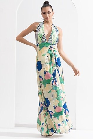 Mystic Green Chiffon Printed Gathered Dress by Mandira Wirk - Resort