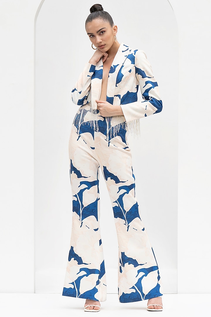 Mystic Blue Foma Printed & Embroidered Jacket Set by Mandira Wirk - Resort at Pernia's Pop Up Shop