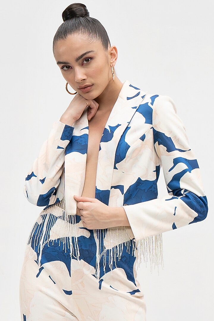 Mystic Blue Foma Printed & Embroidered Jacket Set by Mandira Wirk - Resort at Pernia's Pop Up Shop