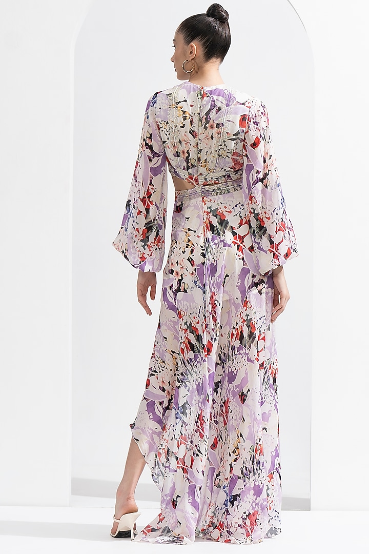 Purple Chiffon Printed Cut-Out Cocktail Dress by Mandira Wirk - Resort at Pernia's Pop Up Shop