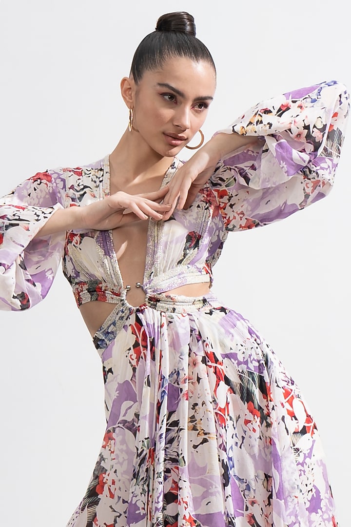 Purple Chiffon Printed Cut-Out Cocktail Dress by Mandira Wirk - Resort at Pernia's Pop Up Shop
