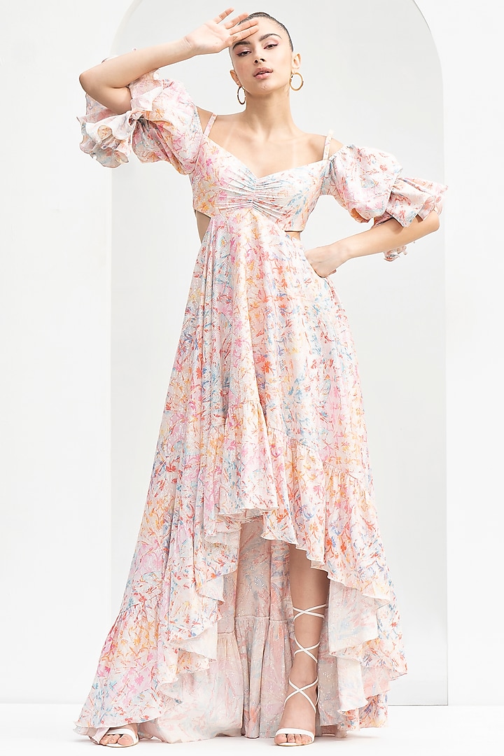 Pink Lurex Jacquard Printed Ruffled Dress by Mandira Wirk