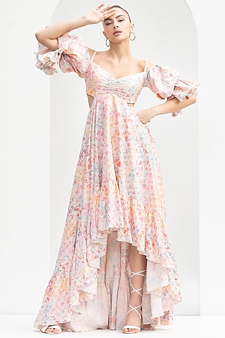 Pink Lurex Jacquard Printed Ruffled Dress by Mandira Wirk - Resort