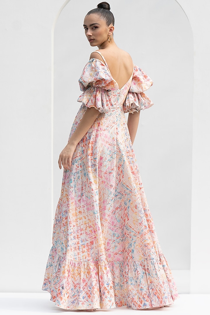 Pink Lurex Jacquard Printed Ruffled Cocktail Dress by Mandira Wirk - Resort at Pernia's Pop Up Shop