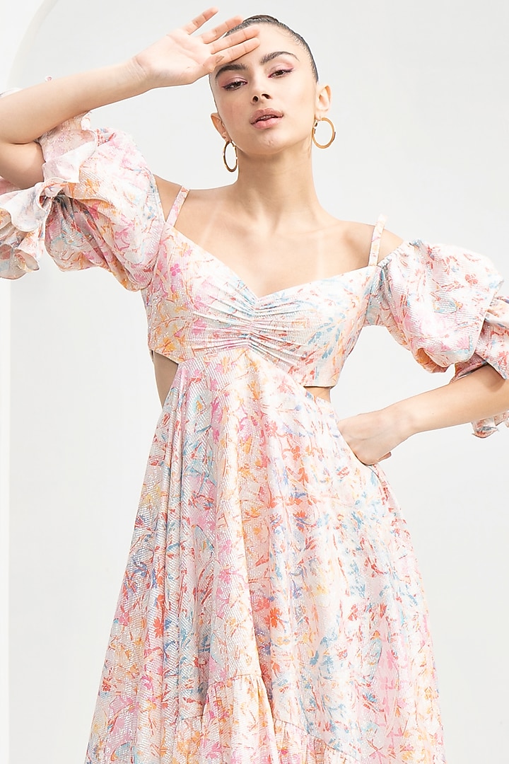 Pink Lurex Jacquard Printed Ruffled Cocktail Dress by Mandira Wirk - Resort at Pernia's Pop Up Shop