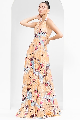 Mystic Beige Chantilly Printed Gown by Mandira Wirk - Resort