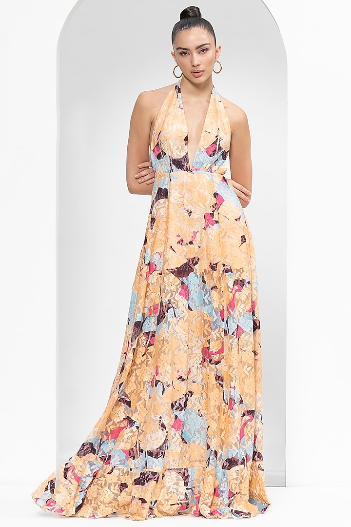 Mystic Beige Chantilly Printed Party Wear Gown by Mandira Wirk - Resort at Pernia's Pop Up Shop