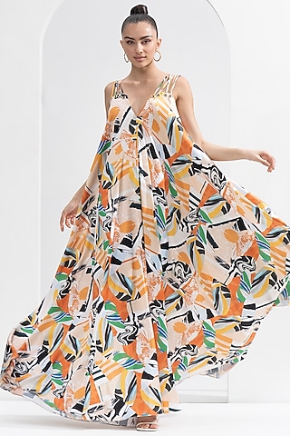 Yellow Satin Printed Draped Dress by Mandira Wirk - Resort