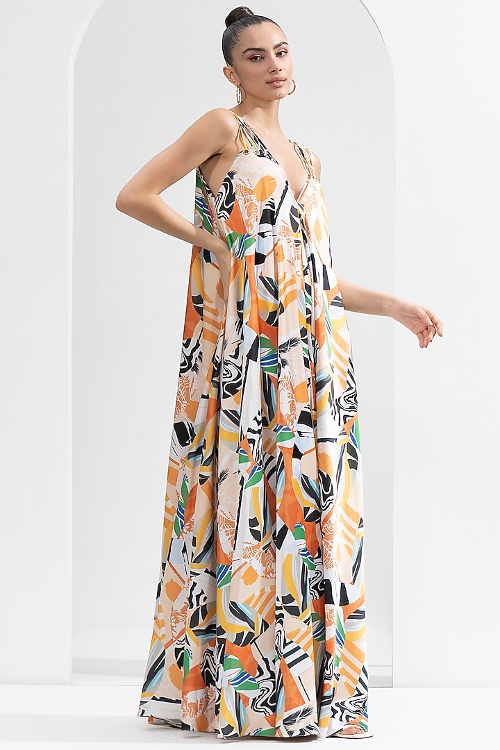 Yellow Satin Printed Draped Vacation Dress by Mandira Wirk - Resort at Pernia's Pop Up Shop