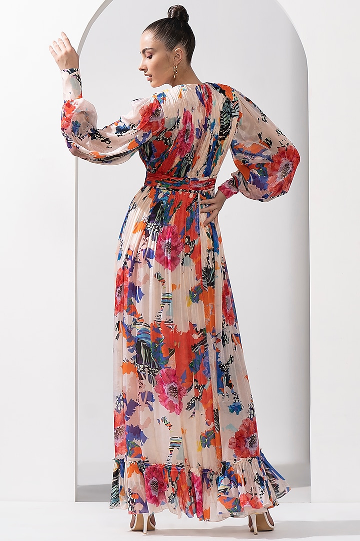 Red Chiffon Printed Draped Cocktail Dress by Mandira Wirk - Resort at Pernia's Pop Up Shop