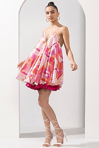 Pink Satin Printed Flared Dress by Mandira Wirk - Resort