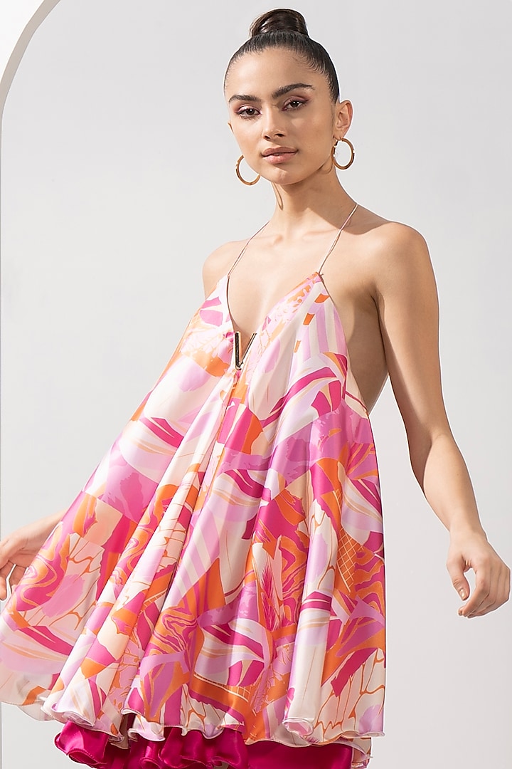 Pink Satin Printed Flared Vacation Dress by Mandira Wirk - Resort at Pernia's Pop Up Shop