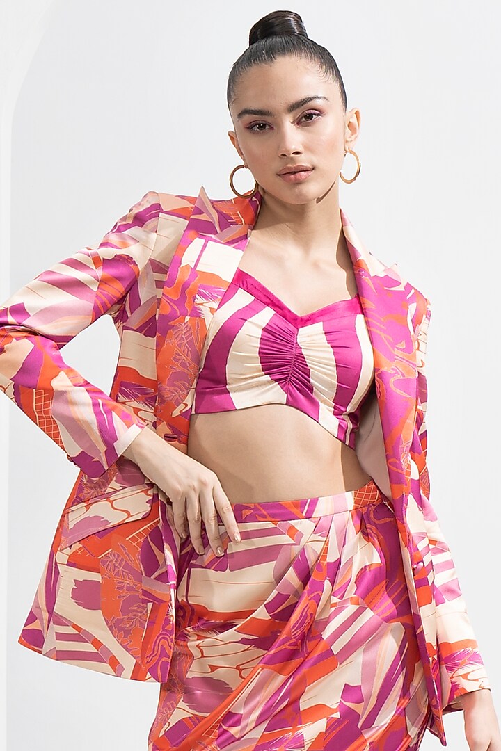 Fuchsia Satin Abstract Printed Blazer Set by Mandira Wirk - Resort at Pernia's Pop Up Shop