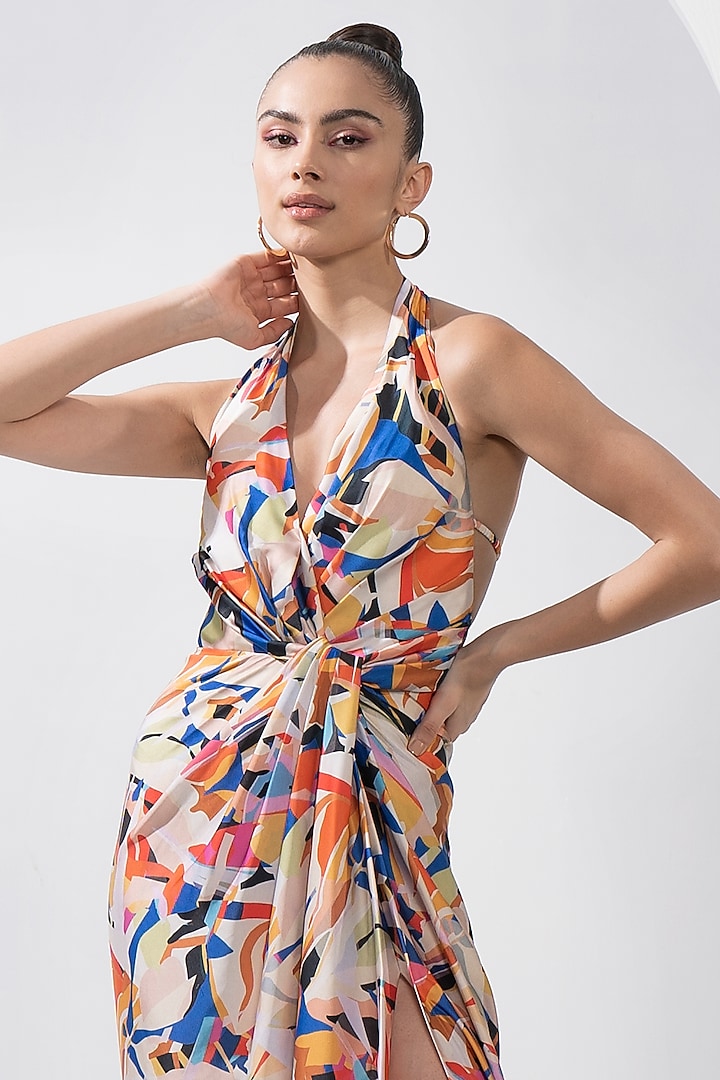 Multi-Colored Satin Printed Draped Vacation Dress by Mandira Wirk - Resort at Pernia's Pop Up Shop