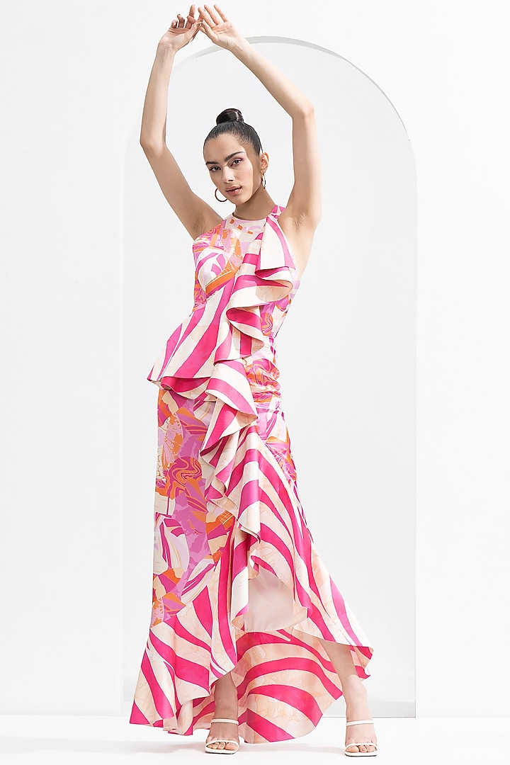 Pink Satin Printed Bodycon Dress by Mandira Wirk