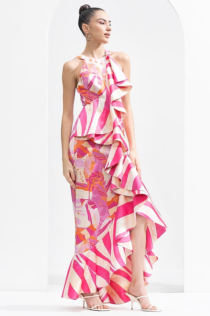 Pink Satin Printed Bodycon Cocktail Dress by Mandira Wirk - Resort at Pernia's Pop Up Shop