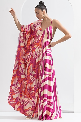Fuchsia Satin Block Printed Kaftan by Mandira Wirk - Resort