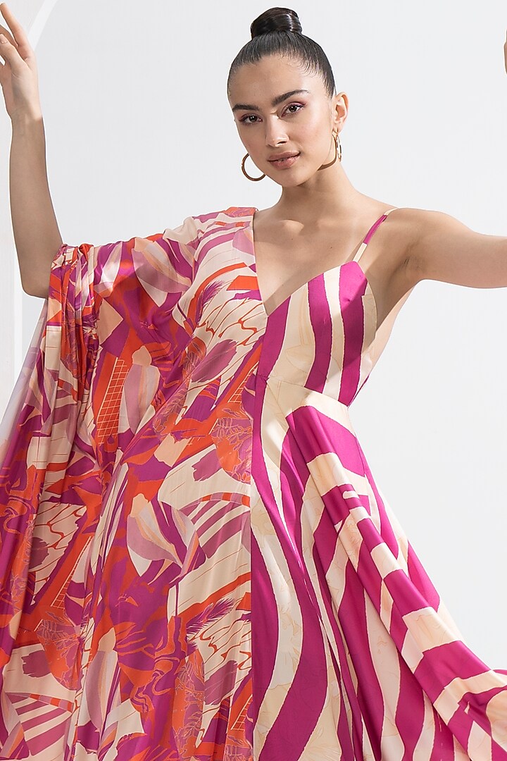 Fuchsia Satin Block Printed Kaftan by Mandira Wirk - Resort at Pernia's Pop Up Shop