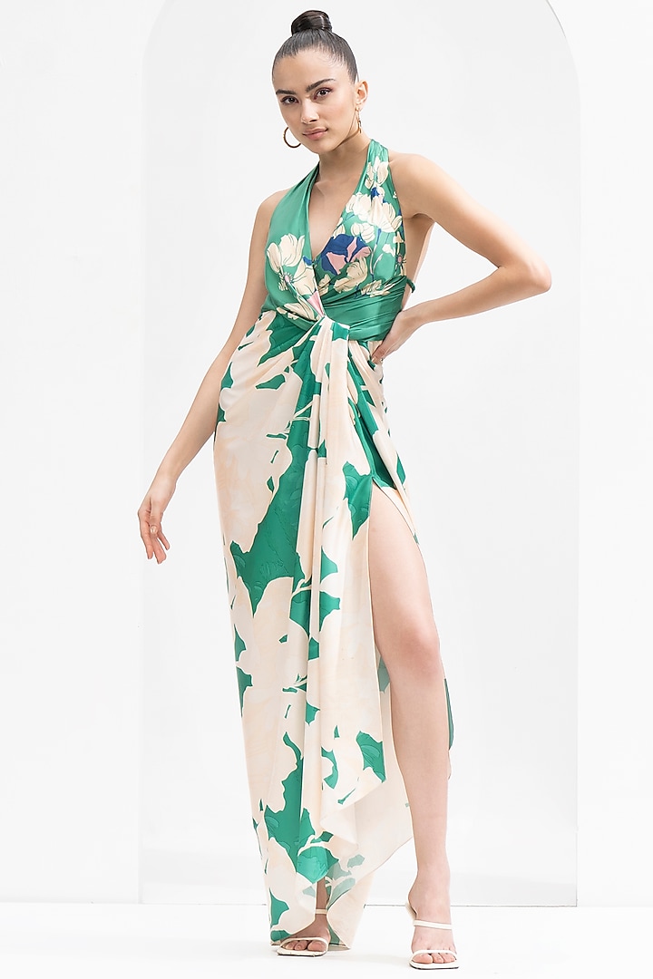 Green Satin Printed Draped Dress by Mandira Wirk