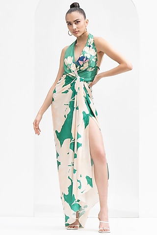 Green Satin Printed Draped Dress by Mandira Wirk - Resort