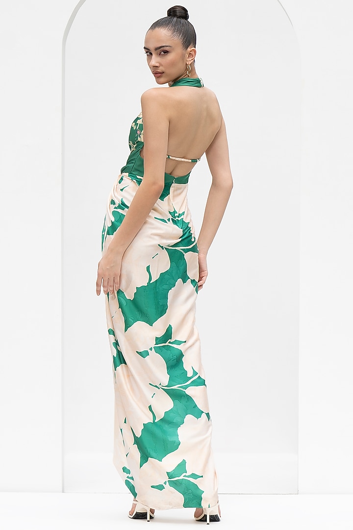 Green Satin Printed Draped Vacation Dress by Mandira Wirk - Resort at Pernia's Pop Up Shop