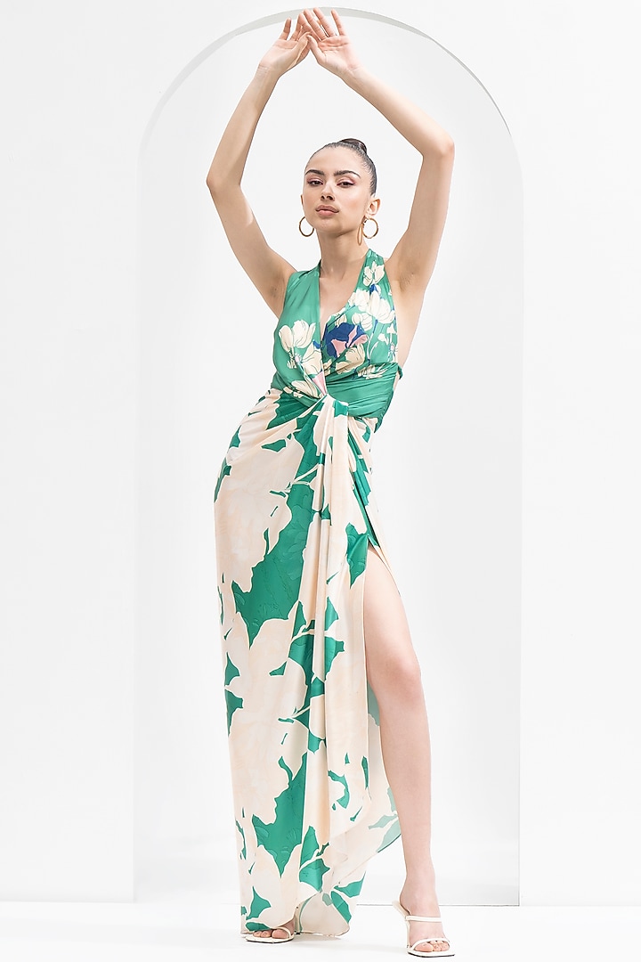Green Satin Printed Draped Vacation Dress by Mandira Wirk - Resort at Pernia's Pop Up Shop
