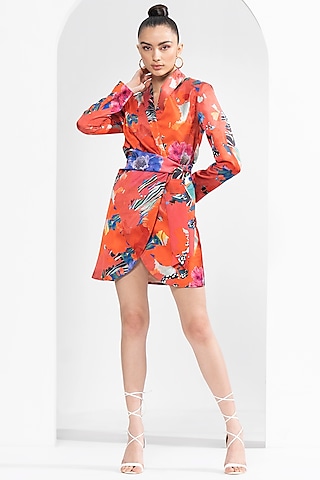 Red Satin Printed Blazer Dress by Mandira Wirk - Resort