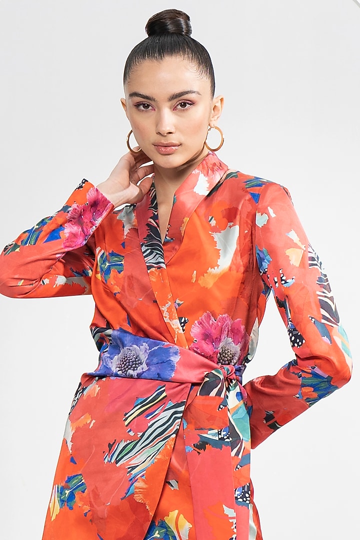 Red Satin Printed Blazer Vacation Dress by Mandira Wirk - Resort at Pernia's Pop Up Shop