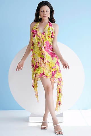 Neon & Green Chiffon Floral Printed Halter Mini Dress by Mandira Wirk - Resort