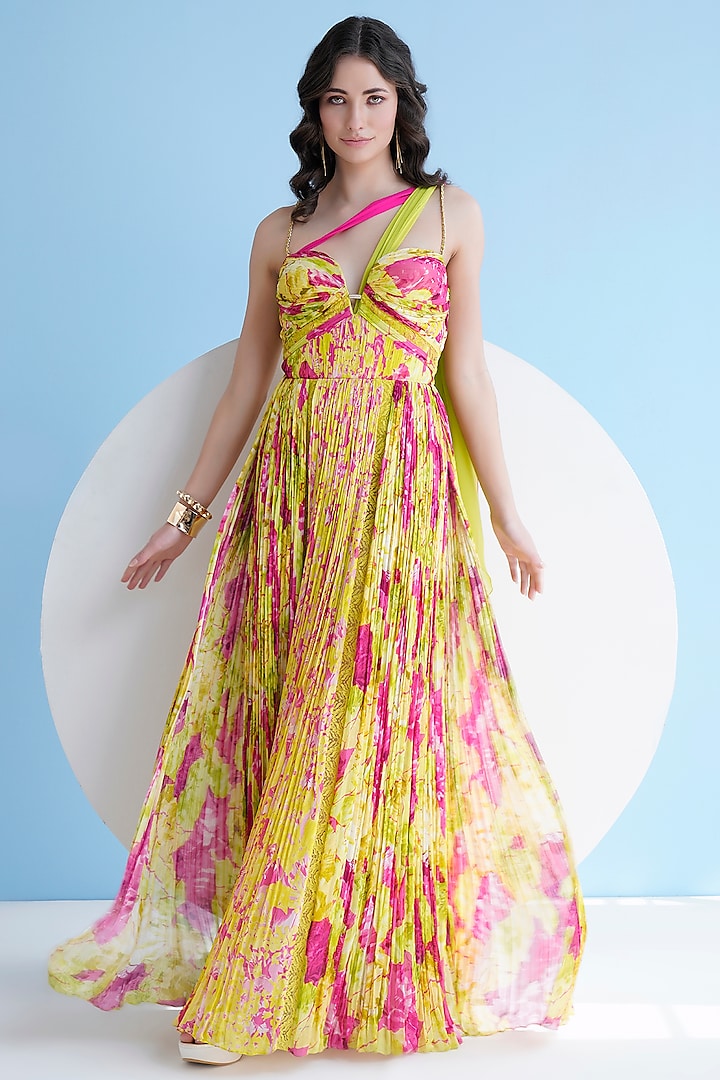 Neon & Green Chiffon Floral Printed Pleated Maxi Dress by Mandira Wirk