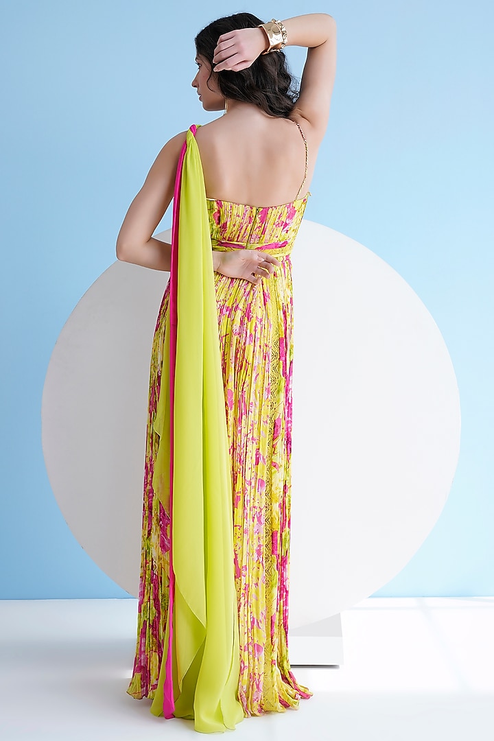 Neon & Green Chiffon Floral Printed Pleated Maxi Cocktail Dress by Mandira Wirk - Resort at Pernia's Pop Up Shop