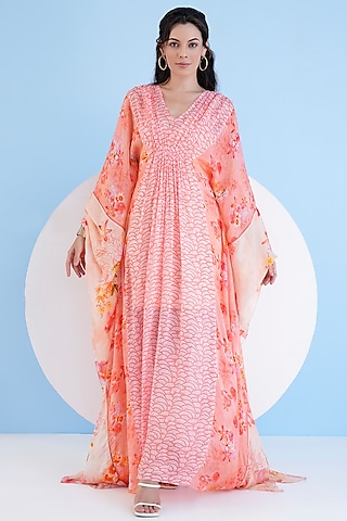 Orange Chiffon Printed Gathered Kaftan by Mandira Wirk - Resort