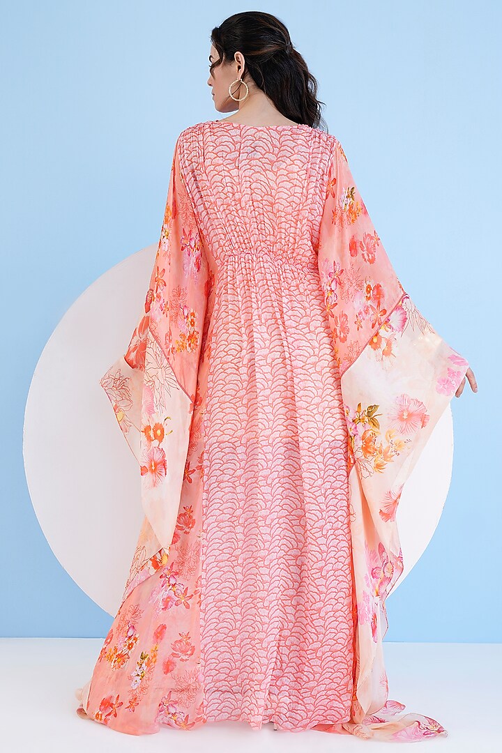 Orange Chiffon Printed Gathered Kaftan by Mandira Wirk - Resort at Pernia's Pop Up Shop