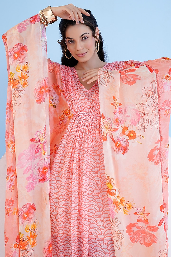 Orange Chiffon Printed Gathered Kaftan by Mandira Wirk - Resort at Pernia's Pop Up Shop