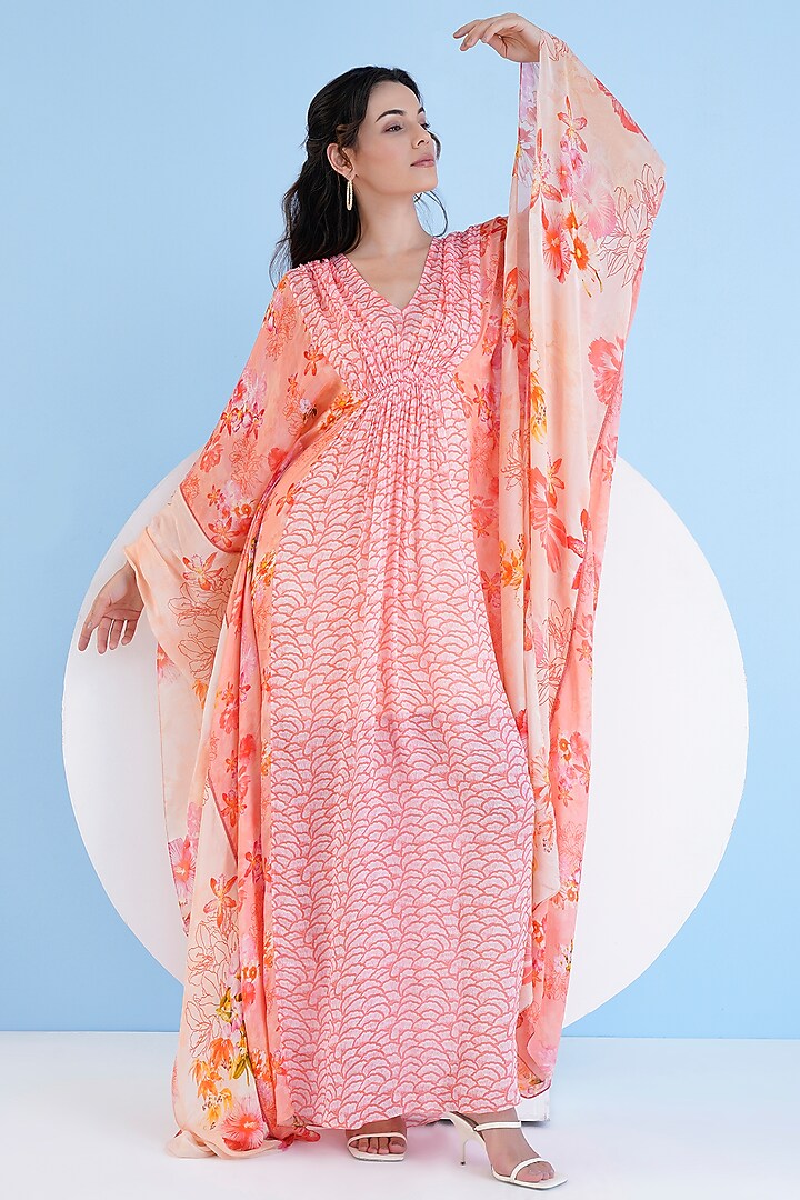 Orange Chiffon Printed Gathered Kaftan by Mandira Wirk - Resort at Pernia's Pop Up Shop