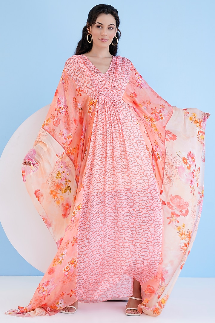 Orange Chiffon Printed Gathered Kaftan by Mandira Wirk - Resort at Pernia's Pop Up Shop