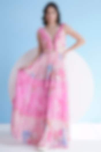 Pink Chiffon Printed Cut-Out Maxi Dress by Mandira Wirk