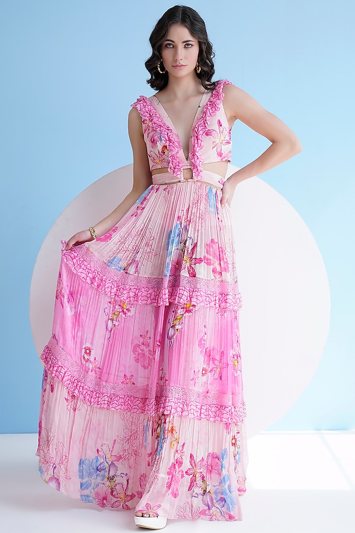 Pink Chiffon Printed Cut-Out Maxi Dress by Mandira Wirk