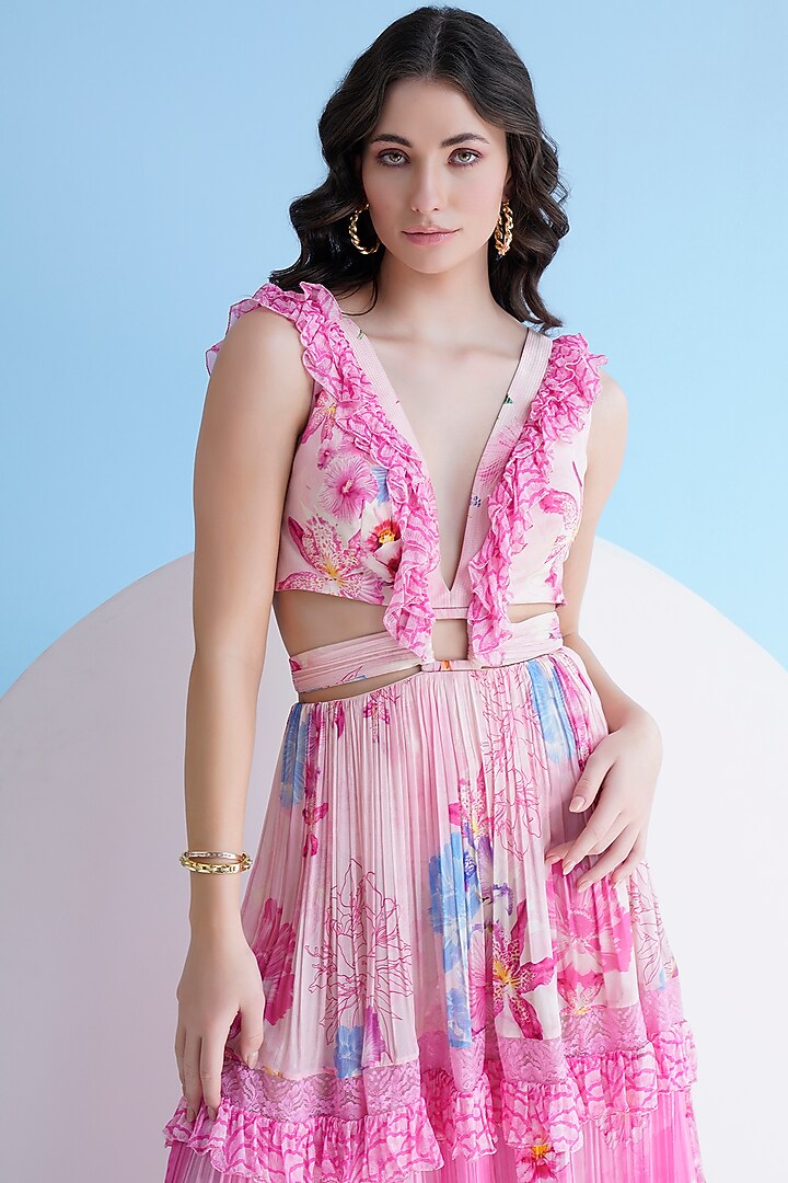 Pink Chiffon Printed Cut-Out Maxi Cocktail Dress by Mandira Wirk - Resort at Pernia's Pop Up Shop